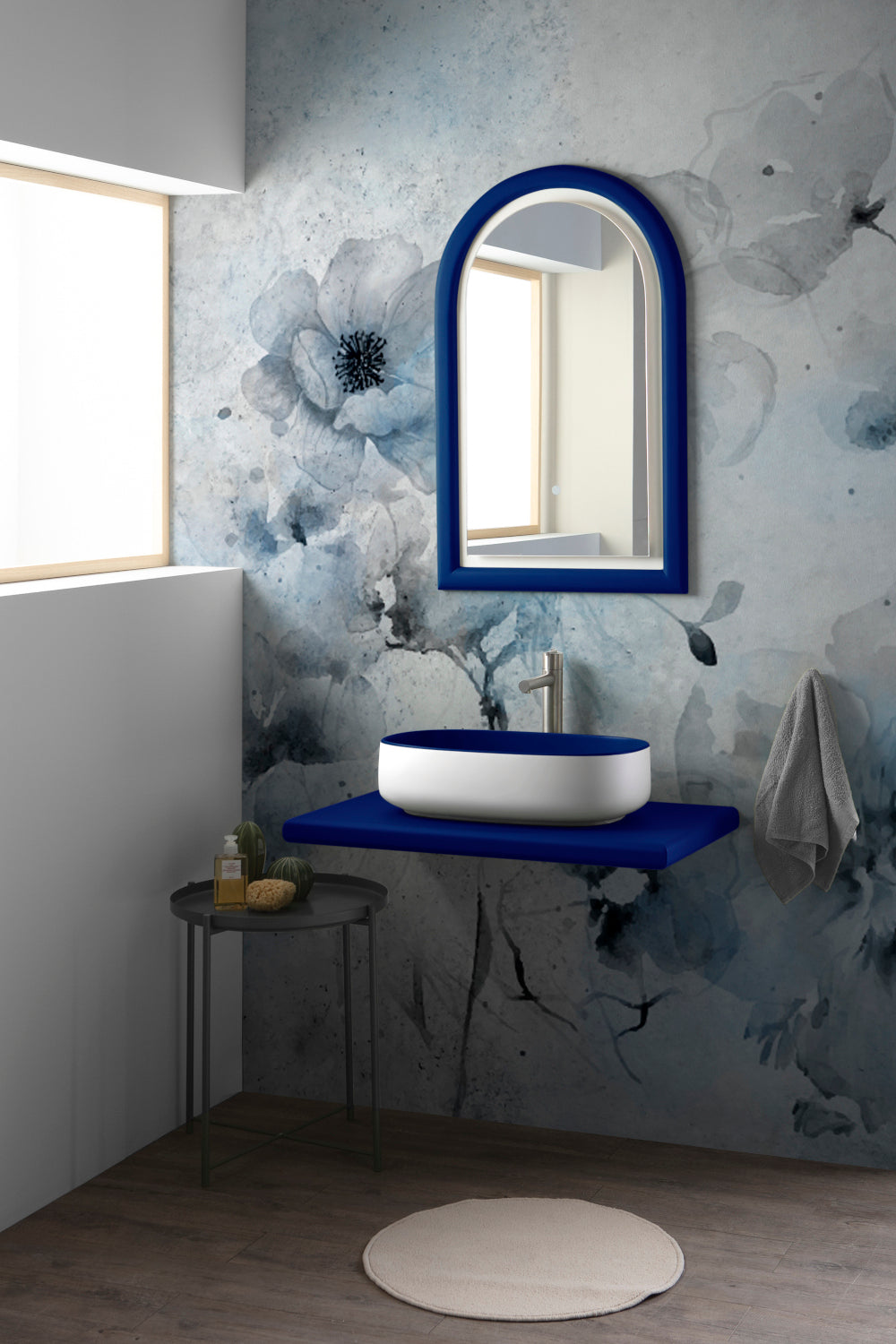 COMPOSITION BUCCHERO AVEC ÉTAGÈRE ET MIROIR BLEU SAPHIR
