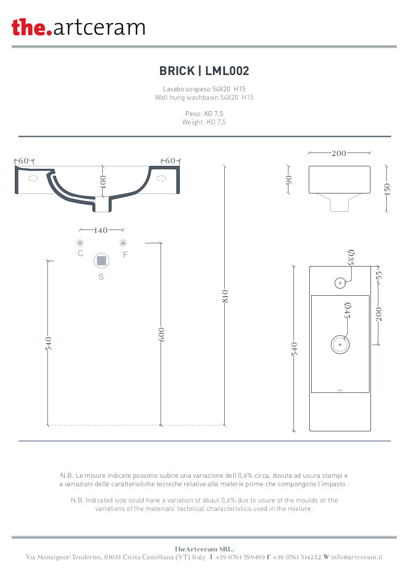 Lavabo suspendu 20 x 54 cm Brique