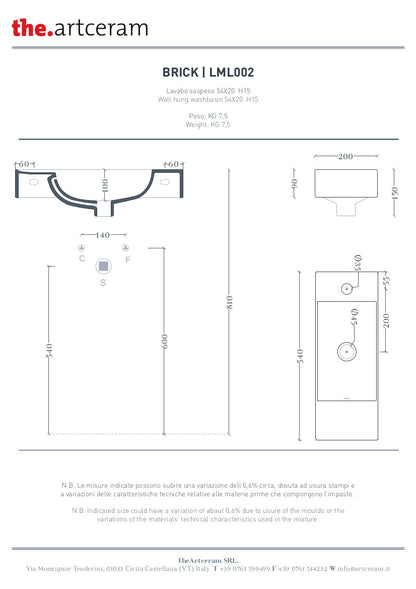 Lavabo suspendu 20 x 54 cm Brique