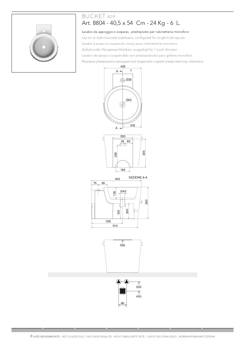 Lavabo mural/à poser de 40 cm avec seau