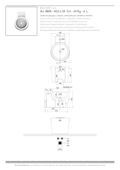 Lavabo mural/à poser de 40 cm avec seau