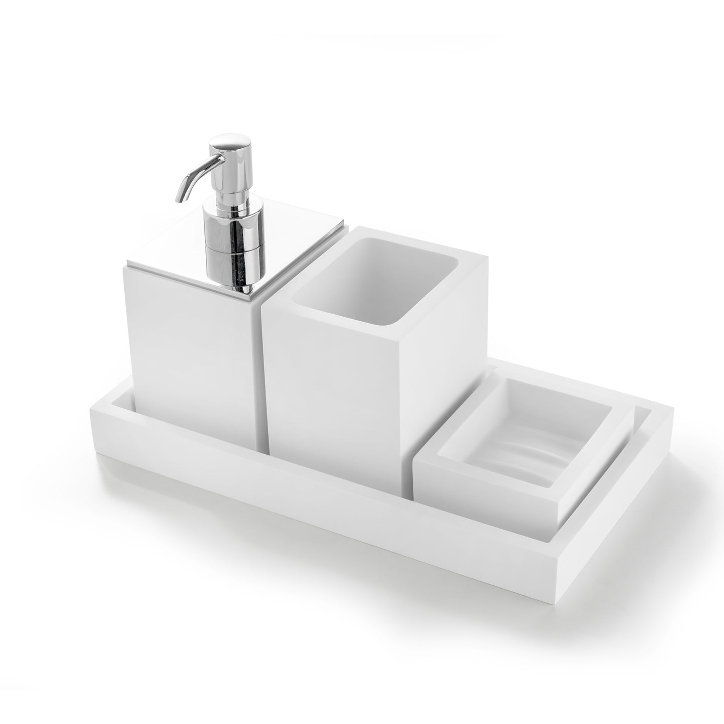 Set 4 pezzi, Bicchiere, Dispenser Sapone, Porta Saponetta, Vassoio BeMood bianco