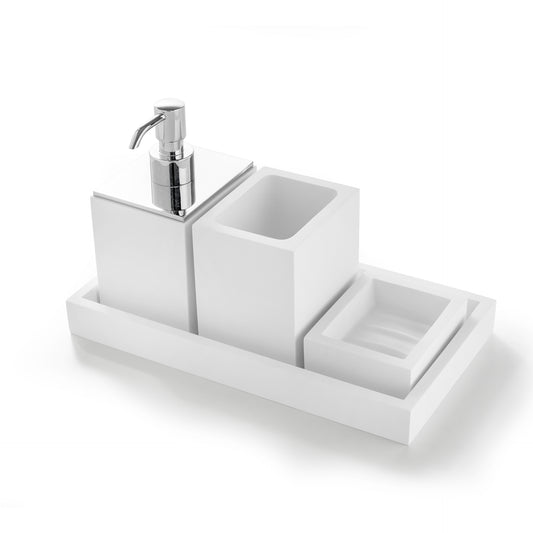 Set 4 pezzi, Bicchiere, Dispenser Sapone, Porta Saponetta, Vassoio BeMood bianco